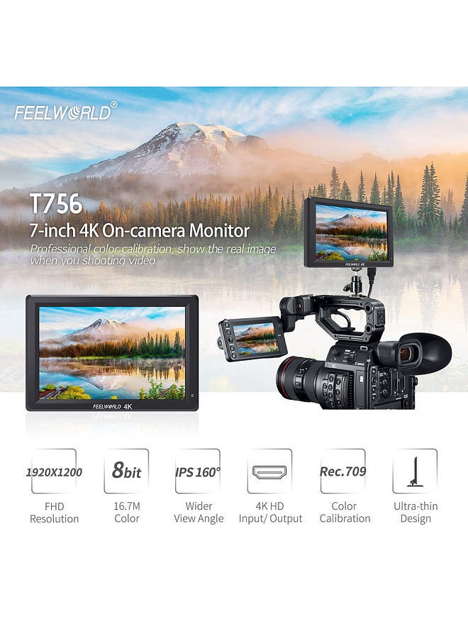 Generic - Feelworld T756 7 Inch IPS Full HD 4K On-Camera Monitor 1920 * 1200 Resolution Support 4K Signal HD Input/ Output with Histogram Focus Assist Check Field Pixel to Pixel - Image 1