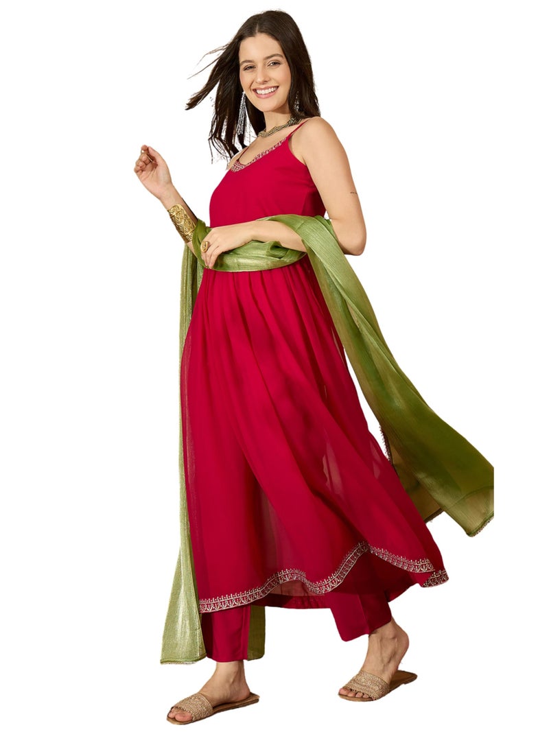 EthnicJunction Women's Georgette Embroidered Sleeveless Anarkali Kurta Pant with Dupatta Set | Ethnic Set | Flared Kurta Set for Women | Shoulder strep kurta set - Image 1