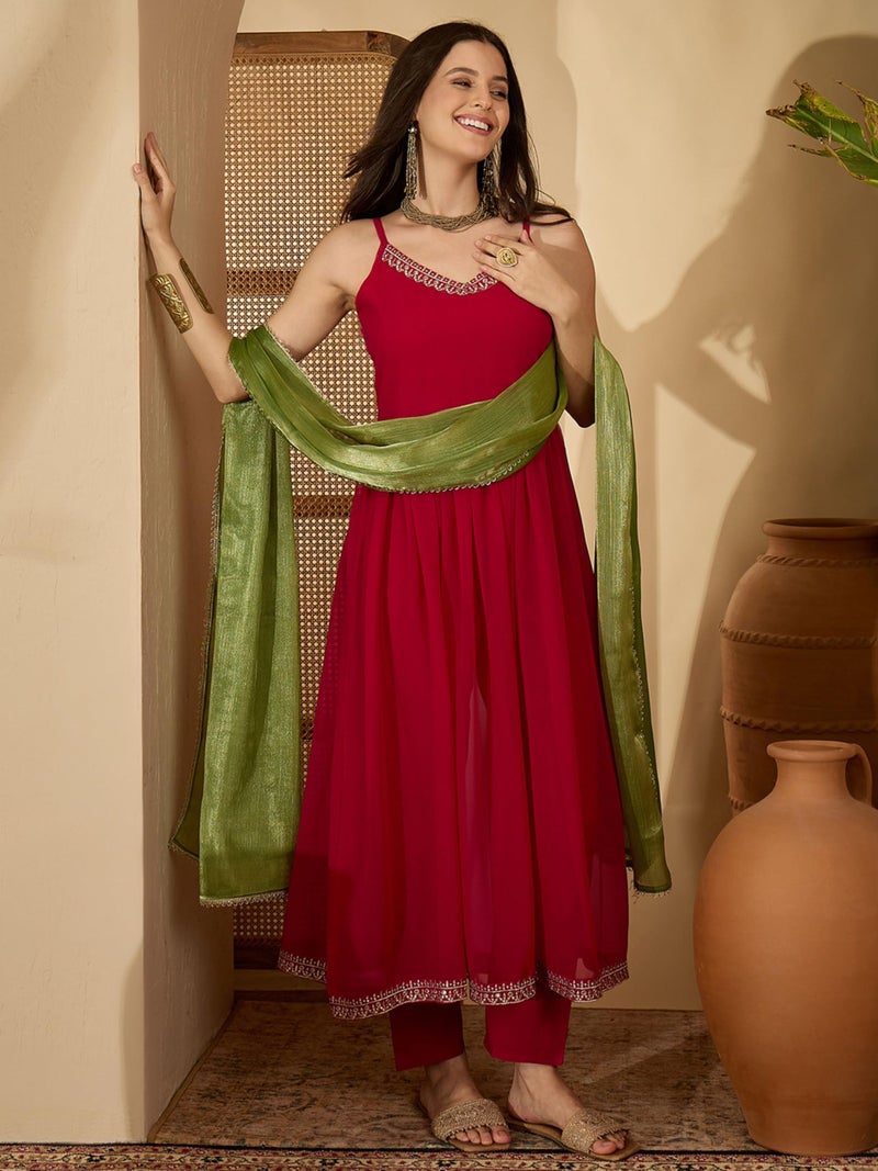 EthnicJunction Women's Georgette Embroidered Sleeveless Anarkali Kurta Pant with Dupatta Set | Ethnic Set | Flared Kurta Set for Women | Shoulder strep kurta set - Image 3