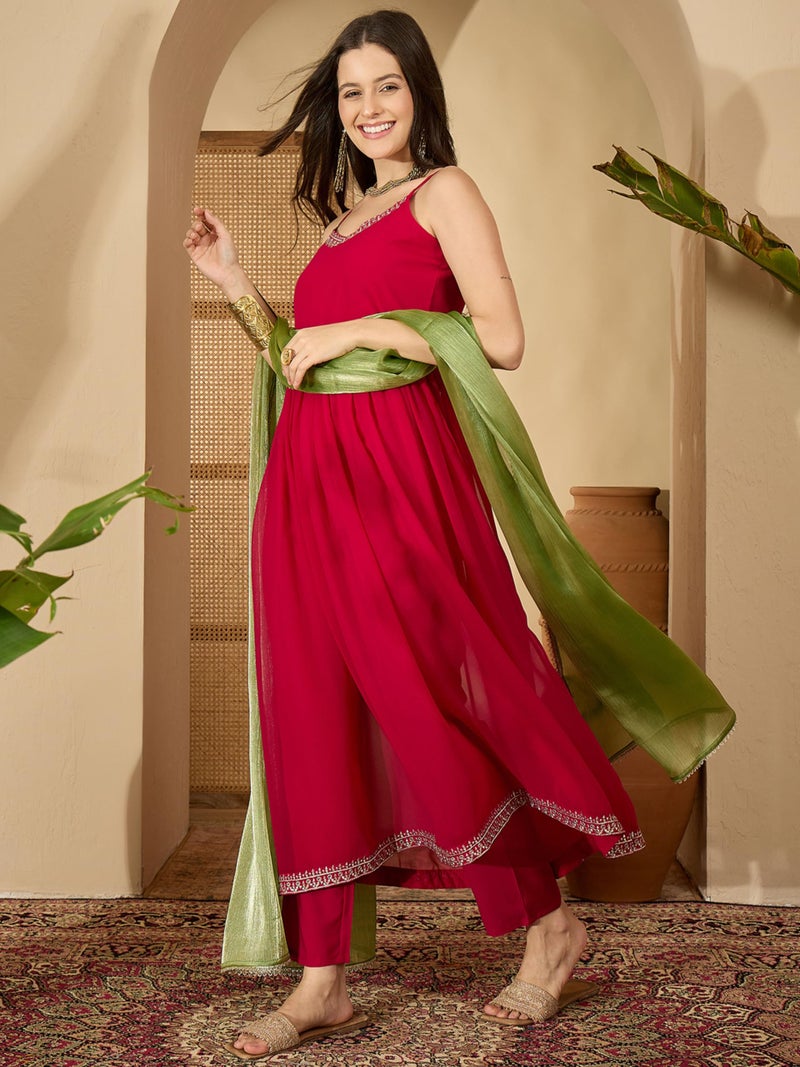 EthnicJunction Women's Georgette Embroidered Sleeveless Anarkali Kurta Pant with Dupatta Set | Ethnic Set | Flared Kurta Set for Women | Shoulder strep kurta set - Image 5