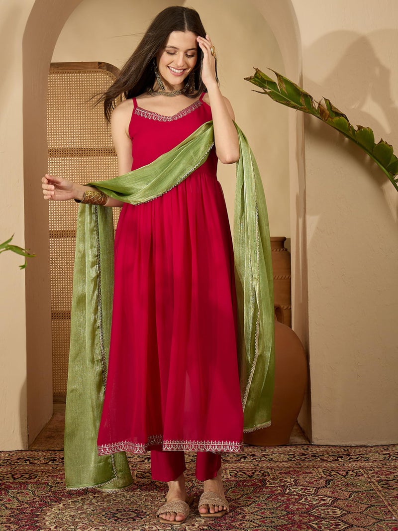EthnicJunction Women's Georgette Embroidered Sleeveless Anarkali Kurta Pant with Dupatta Set | Ethnic Set | Flared Kurta Set for Women | Shoulder strep kurta set - Image 4