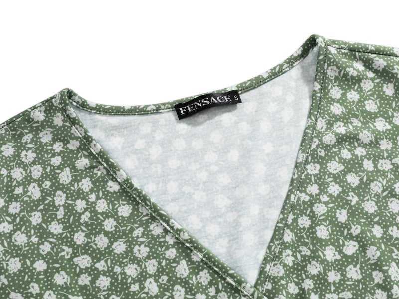 FENSACE Summer Clothes for Women Casual Wrap V Neck Knee Length Lightweight Green Cottagecore Wedding Guest Dresses(Floral-32,Medium) - Image 5