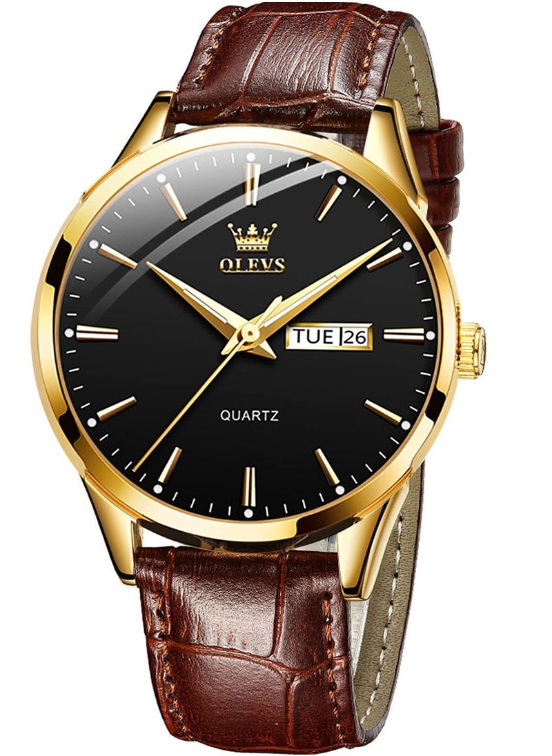 OLEVS OLEVS Men's Analog Quartz Watches, Leather Strap with Day Date, Waterproof Stainless Steel Wrist Watch, Luminous Watches for Men, Fashion, Leisure  - Image 1