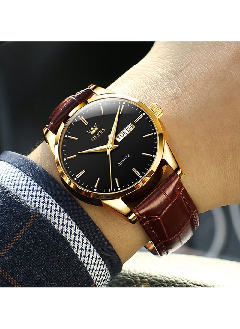 OLEVS OLEVS Men's Analog Quartz Watches, Leather Strap with Day Date, Waterproof Stainless Steel Wrist Watch, Luminous Watches for Men, Fashion, Leisure  - Image 2