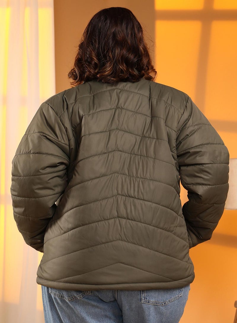 Instafab Plus Women's Olive Green Quilted Puffer Jacket With Zip Closure - Image 3
