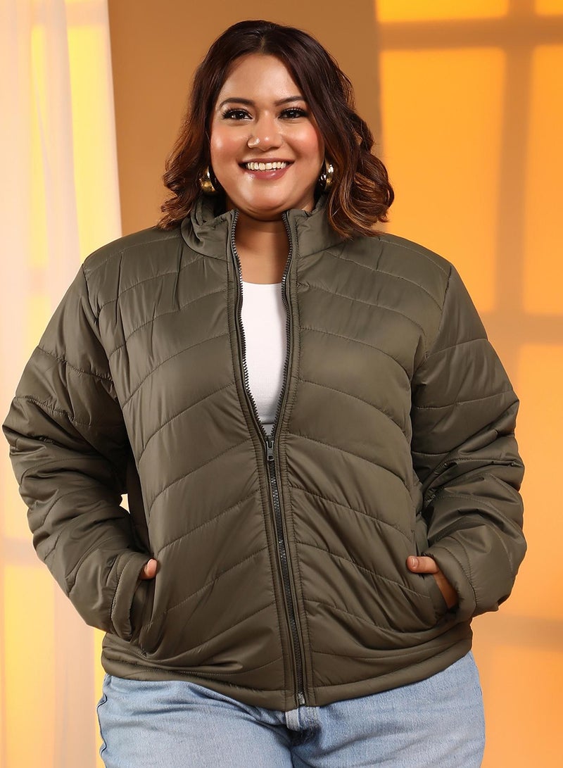 Instafab Plus Women's Olive Green Quilted Puffer Jacket With Zip Closure - Image 2