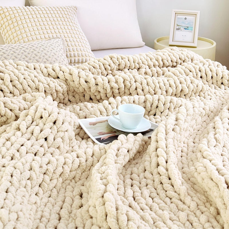 Admitrack Chunky Knit Blanket Throw 100 Hand Knit Chenille Throw Blanket for Sofa  Home Decor Soft and Cozy Knitted Throw Blankets Ivory40x50