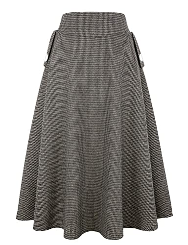 IDEALSANXUN Long Skirts for Women Fall Winter Pleated Plaid Skirts with Pockets (Medium, Coffee) - Image 3