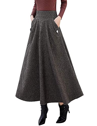IDEALSANXUN Long Skirts for Women Fall Winter Pleated Plaid Skirts with Pockets (Medium, Coffee) - Image 1