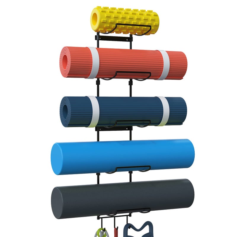 Kesito Yoga Mat Holder Wall Mount, Wall Rack Organizer, Storage Foam Roller and Block, with 5 Sectional and 3 Hooks for Hanging Yoga Strap, Resistance Bands at Fitness Class or Home Gym, Decor(Black) - Image 1