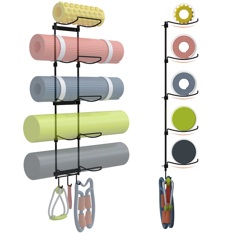 Kesito Yoga Mat Holder Wall Mount, Wall Rack Organizer, Storage Foam Roller and Block, with 5 Sectional and 3 Hooks for Hanging Yoga Strap, Resistance Bands at Fitness Class or Home Gym, Decor(Black) - Image 2