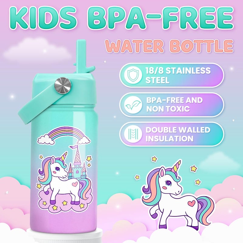 SANDJEST Unicorn Water Bottle - Kids Water Bottle with Straw Lid - 12 Oz Insulated Stainless Steel Ocean Water Bottles for Kid Girl- Travel Cup for School Sports - Image 2