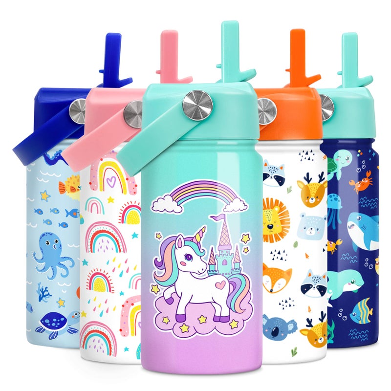 SANDJEST Unicorn Water Bottle - Kids Water Bottle with Straw Lid - 12 Oz Insulated Stainless Steel Ocean Water Bottles for Kid Girl- Travel Cup for School Sports - Image 1