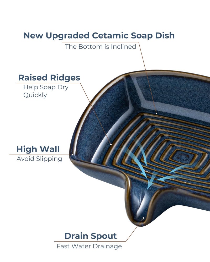 Zoeeker Ceramic Soap Dish, Bar Soap Holder with Drain Spout Self Draining Soap Saver for Shower Bathroom Kitchen Sink Bathtub, Keep Drying, Blue - Image 3