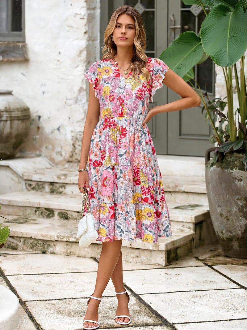 Glamaker Floral Tiered Midi Sundress Casual Summer V Neck Flutter Sleeve Striped Sun Dress with Pockets (Pink Floral S) - Image 2