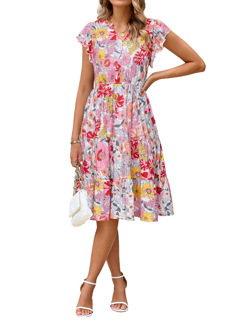 Glamaker Floral Tiered Midi Sundress Casual Summer V Neck Flutter Sleeve Striped Sun Dress with Pockets (Pink Floral S) - Image 1