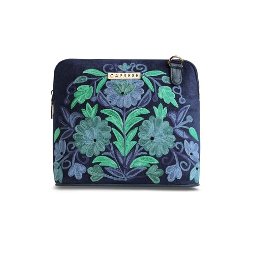 Caprese Siji Tresana Small Crossbody Bag for Women | Kashida Embroidery Sling with Adjustable & Detachable Strap, Secured Zip Closure | Stylish & Spacious Handbag for Everyday Use & Travel (Blue) - Image 1