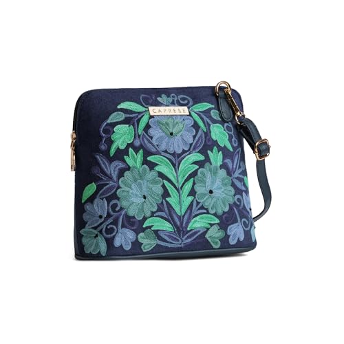 Caprese Siji Tresana Small Crossbody Bag for Women | Kashida Embroidery Sling with Adjustable & Detachable Strap, Secured Zip Closure | Stylish & Spacious Handbag for Everyday Use & Travel (Blue) - Image 2