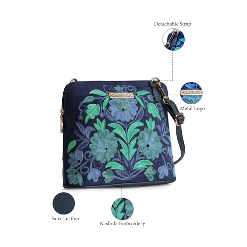 Caprese Siji Tresana Small Crossbody Bag for Women | Kashida Embroidery Sling with Adjustable & Detachable Strap, Secured Zip Closure | Stylish & Spacious Handbag for Everyday Use & Travel (Blue) - Image 3