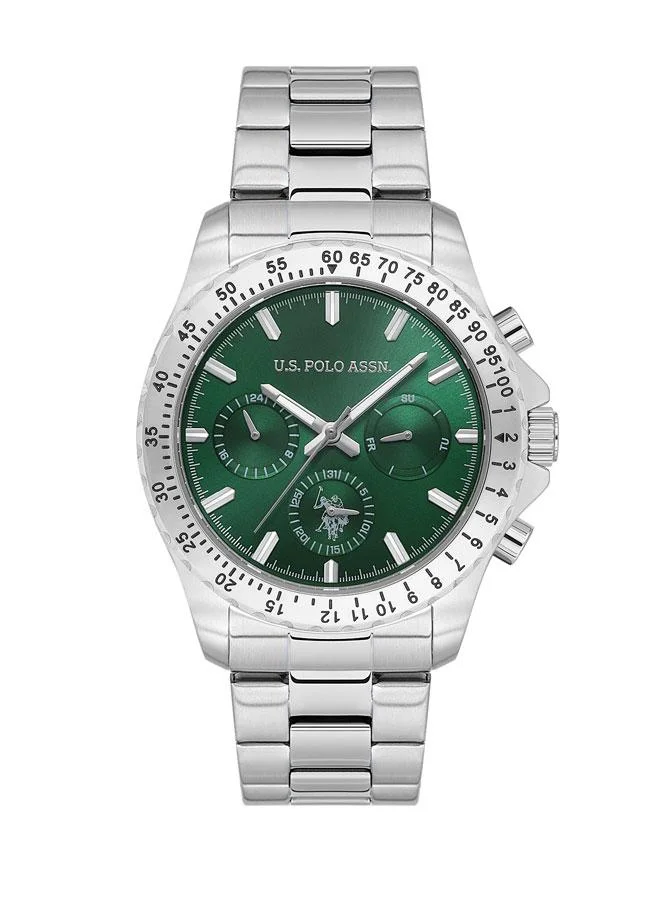 يو اس بولو اسن U.S. Polo Assn. Crossing 42mm Chronograph Green Dial Watch with Rotating Bezel and Stainless Steel Band - USPA1108-03, Perfect Blend of Style and Function