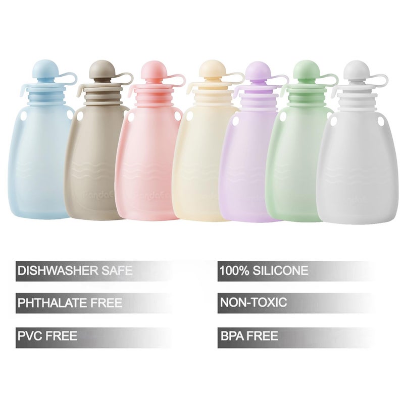 PandaEar Reusable Silicone Baby Food Pouches, 7 Pack Squeeze Pouches for Toddler Kids, BPA-Free Silicone Refillable Baby Food Storage, 5.5 oz /150 ml - Image 2