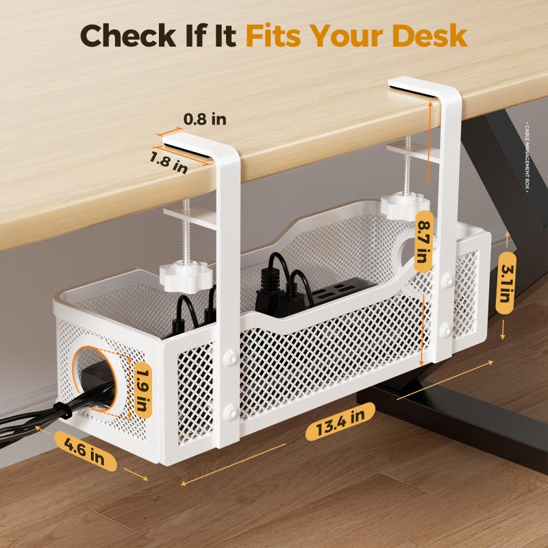 Cinati 2 Pack Under Desk Cable Management Box White, Cinati 26.8" Wire Organizers No Drill, Cord Organization Tray with Clamp for Office, Home - No Damage to Desk - Image 5