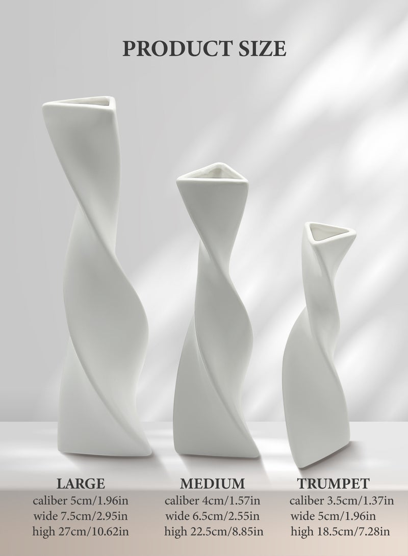 وين هولدر طقم من 3 مزهريات من السيراميك الملتوي - ديكور منزلي مصنوع بحرفية عالية، لمسات أنيقة لأي مساحة، متينة وفريدة من نوعها، مثالية لتنسيق الزهور، هدايا للاحتفال بتدفئة المنزل (أبيض) - Image 3