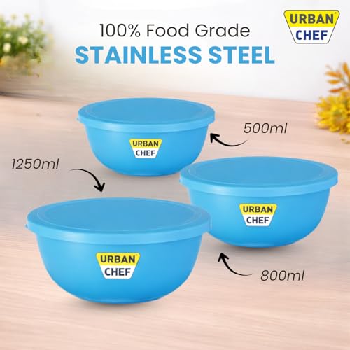 URBAN CHEF Mixing Bowl Set of 3 Stainless Steel (500ml, 800ml,1250ml) | Microwave Safe & Dishwasher Safe | Bowl Set with Lid for Gift | Bowls for Snacks | Serving Bowls Kitchen Accessories -Cream - Image 4