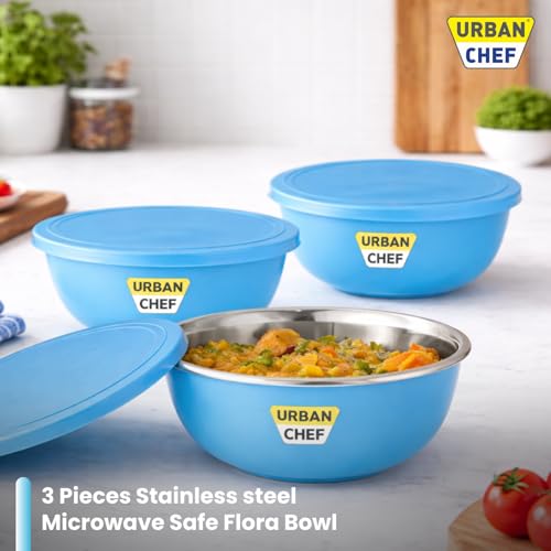 URBAN CHEF Mixing Bowl Set of 3 Stainless Steel (500ml, 800ml,1250ml) | Microwave Safe & Dishwasher Safe | Bowl Set with Lid for Gift | Bowls for Snacks | Serving Bowls Kitchen Accessories -Cream - Image 3