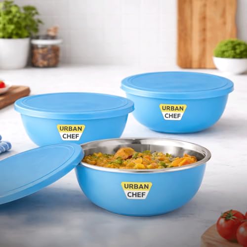 URBAN CHEF Mixing Bowl Set of 3 Stainless Steel (500ml, 800ml,1250ml) | Microwave Safe & Dishwasher Safe | Bowl Set with Lid for Gift | Bowls for Snacks | Serving Bowls Kitchen Accessories -Cream - Image 1