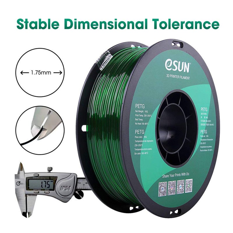 eSUN 3D 1.75mm PETG Green Filament 1kg (2.2lb), PETG 3D Printer Filament, Dimensional Accuracy +/- 0.03 mm, Semi-Transparent 1.75mm Green - Image 3
