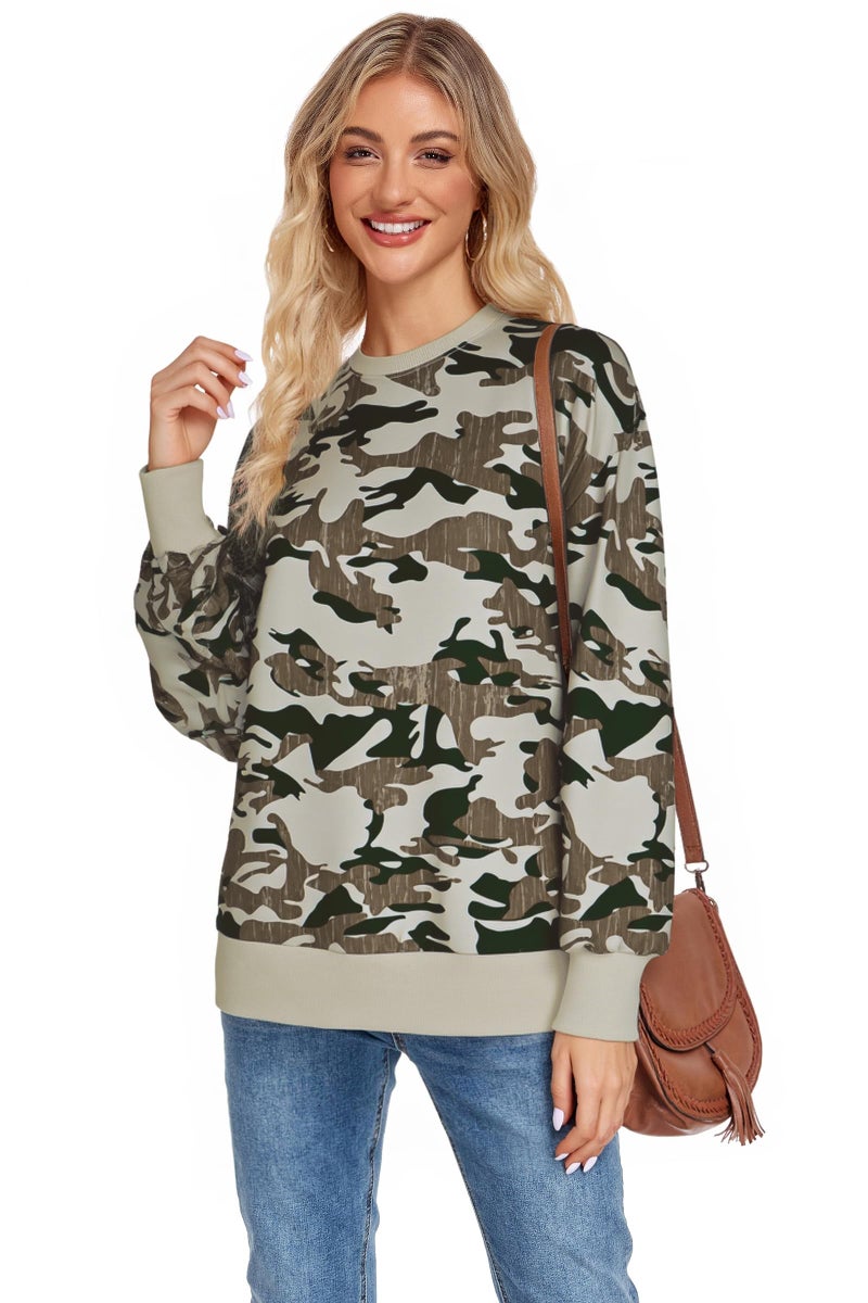 ECOWISH Women Side Split Sweatshirt: Fall Crewneck Long Sleeve Oversized Camo Shirts Casual Camouflage Print Pullover Tops 017 Army Green M - Image 2