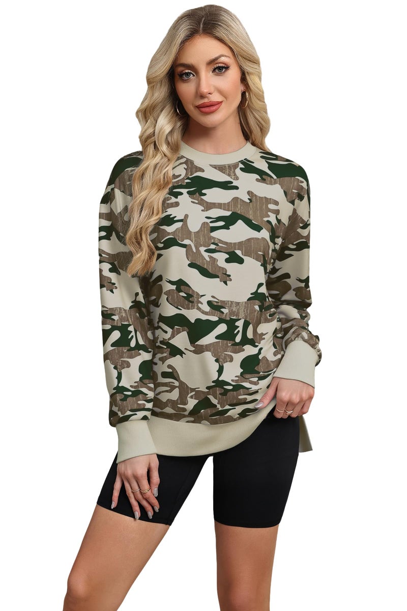 ECOWISH Women Side Split Sweatshirt: Fall Crewneck Long Sleeve Oversized Camo Shirts Casual Camouflage Print Pullover Tops 017 Army Green M - Image 3