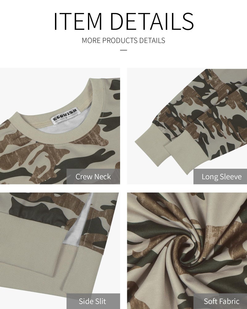 ECOWISH Women Side Split Sweatshirt: Fall Crewneck Long Sleeve Oversized Camo Shirts Casual Camouflage Print Pullover Tops 017 Army Green M - Image 5