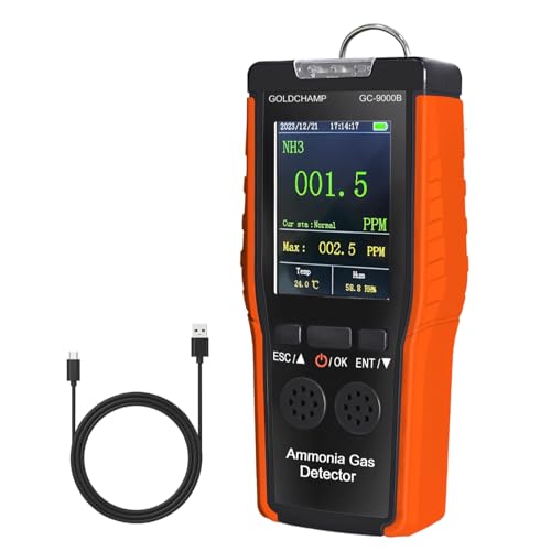 GOLDCHAMP Ammonia Gas Detector Air Quality Monitor Rechargeable NH3 Detector with Range 0100ppm 01ppm Resolution Temp Humidity LCD Display Alarm Mode for Industry Home Farm Poultry - Image 1