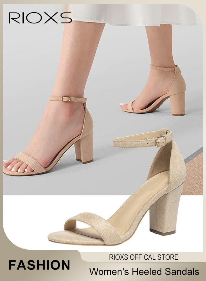 Women's Chunky Heel Sandals, 3.77" Heeled Sandals for Women Open-toe Ankle Strap Block High Heels Sandals, Ladies Fashion Casual High Pumps, Anti-slip Strappy Buckle Sandals, Stylish Heeled Sandals for Parties, Weddings, Proms, Dating, Daily Wear, Classic Beige Footwer Women's Comfort