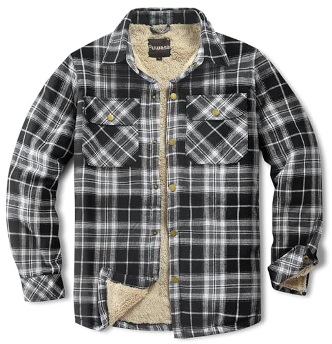 Puwasa Men's Sherpa Lined Cotton Flannel Shirt Jacket Plaid Button Up Jacket Coat for Men with Pocket Black Small - Image 1
