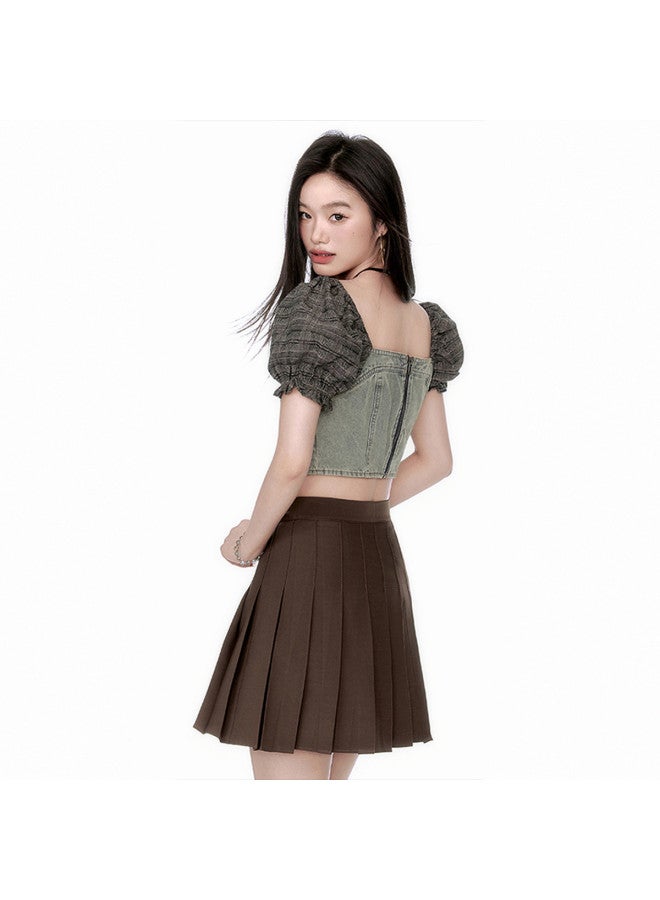 EPTISON Women's Short Sleeve Shirt - Summer Short Retro Sweet & Edgy Square Neck Puff Sleeve Denim Patchwork Top - Image 5