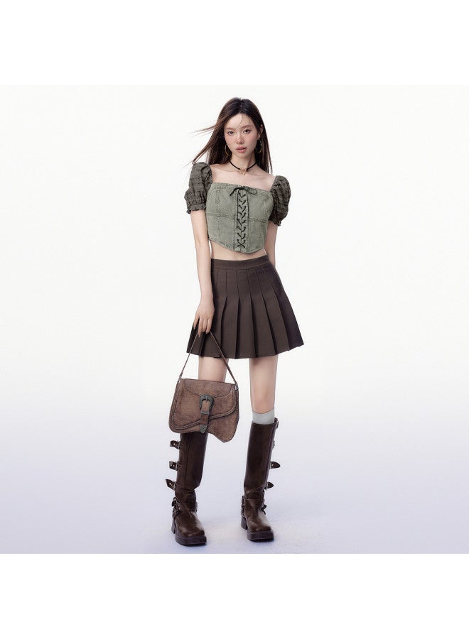 EPTISON Women's Short Sleeve Shirt - Summer Short Retro Sweet & Edgy Square Neck Puff Sleeve Denim Patchwork Top - Image 4