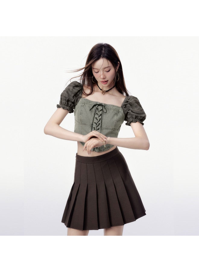 EPTISON Women's Short Sleeve Shirt - Summer Short Retro Sweet & Edgy Square Neck Puff Sleeve Denim Patchwork Top - Image 3