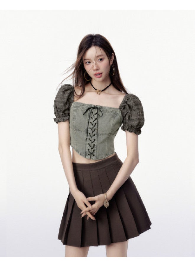 EPTISON Women's Short Sleeve Shirt - Summer Short Retro Sweet & Edgy Square Neck Puff Sleeve Denim Patchwork Top - Image 1