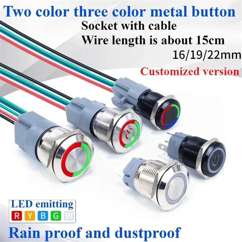 22 ملم مفتاح زر معدني ذاتي القفل بقشرة فضية 12 24 فولت ضوء ثلاثي الألوان مزدوج أحمر أخضر أزرق - Image 3