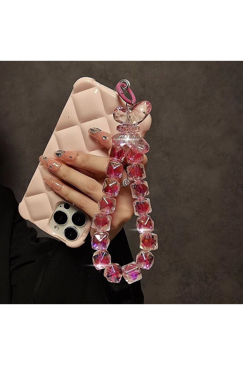 Pink DIY Bracelet Crystal Shinning Acrylic Butterfly Girl Phone Charms Wrist Hanging Strap Mobile Ph