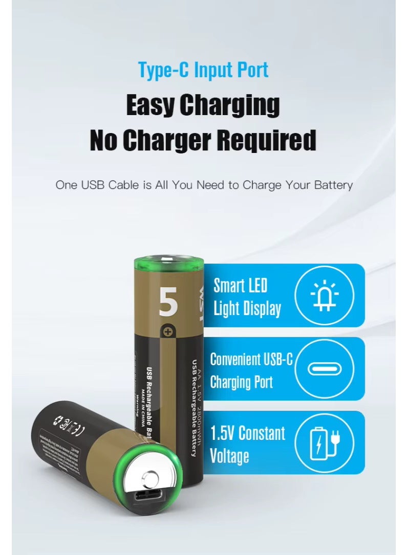 WST AA Rechargeable Batteries 1.5V 2800mWh Big Battery – USB Type-C Charging Lithium Battery – High Capacity, Long Life, Overcharge & Short Circuit Protection - Image 4