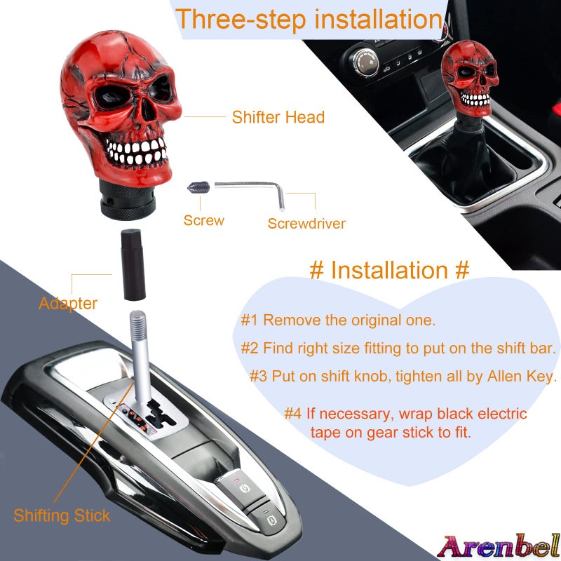 Arenbel Skull Shifter Knobs Racing Gear Stick Replacement Skeleton Shift Lever Handle Fit Most Manual Auto Cars, Red - Image 4