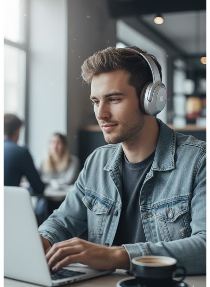 Jnuobi سماعات JNUOBI H8 HD ستيريو بصوت نقي للغاية وإضاءة LED ملونة - صوت قوي وعميق بتصميم أنيق - لون فضي - Image 4