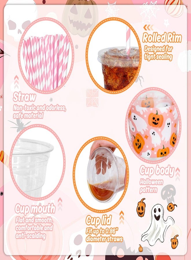 Whaline أكواب بلاستيكية قابلة للتصرف من واهلين 50 قطعة مع أغطية وقش 12 أونصة، أكواب مشروبات باردة لطيفة باللون الوردي مع اليقطين والشبح لم favors حفلات عيد الميلاد - Image 3