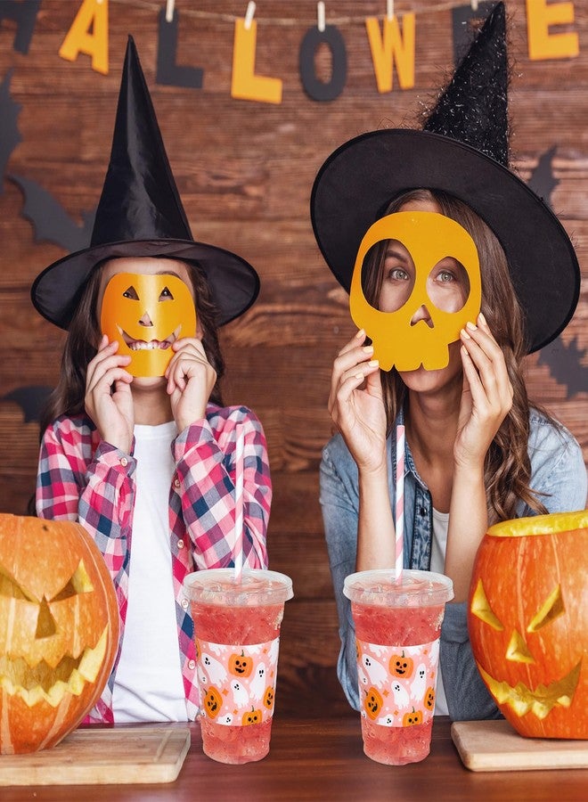 Whaline أكواب بلاستيكية قابلة للتصرف من واهلين 50 قطعة مع أغطية وقش 12 أونصة، أكواب مشروبات باردة لطيفة باللون الوردي مع اليقطين والشبح لم favors حفلات عيد الميلاد - Image 4