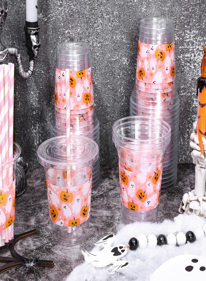 Whaline أكواب بلاستيكية قابلة للتصرف من واهلين 50 قطعة مع أغطية وقش 12 أونصة، أكواب مشروبات باردة لطيفة باللون الوردي مع اليقطين والشبح لم favors حفلات عيد الميلاد - Image 5