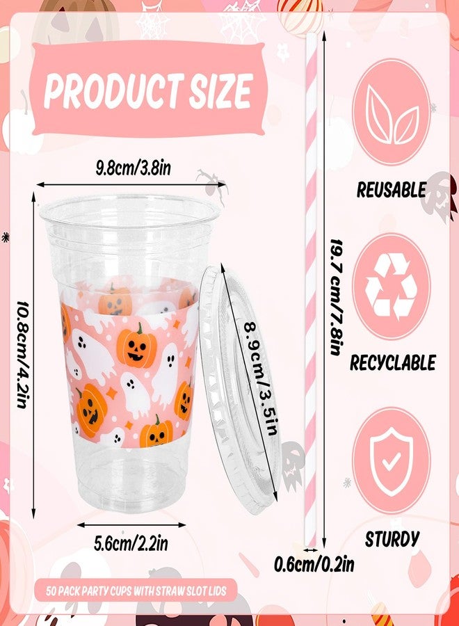 Whaline أكواب بلاستيكية قابلة للتصرف من واهلين 50 قطعة مع أغطية وقش 12 أونصة، أكواب مشروبات باردة لطيفة باللون الوردي مع اليقطين والشبح لم favors حفلات عيد الميلاد - Image 2